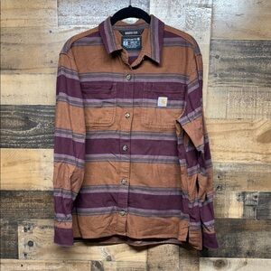 Carhartt Brown and Purple Striped Rugged Flex Long Sleeve Button Down Shirt Med
